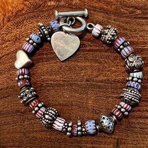 Silver and Multi Colored Beaded Heart Charm Bracelet .925